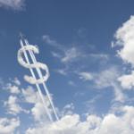 Jet trail creating dollar sign in blue sky with clouds startup capital